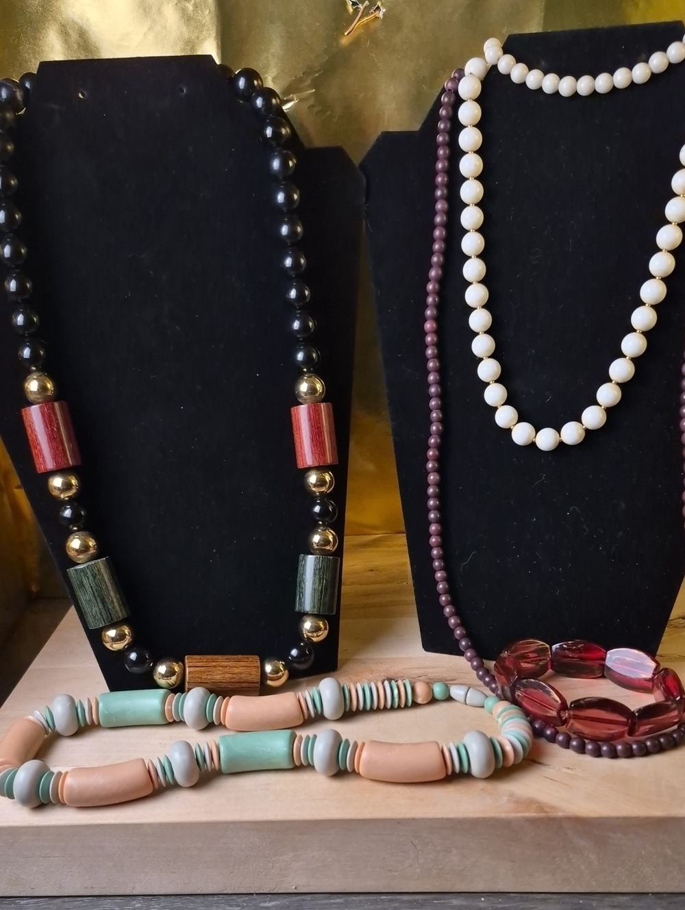 Multicolor Beaded Statement Necklaces - Black, Green, Red, Gold Accents